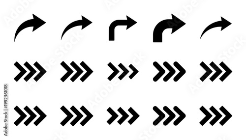 Black arrow icon set, minimalist directional pointer collection, curved navigation symbols and triple chevron vector elements for web design
