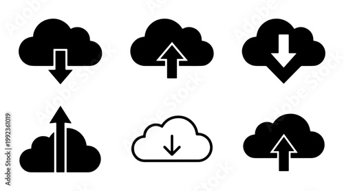 Cloud computing icon set with upload and download arrows, black minimalist data storage vector symbols, 6 web interface elements for hosting