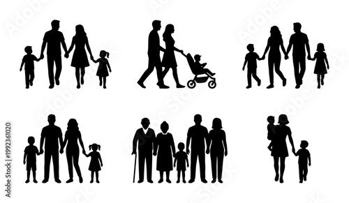 Family silhouette vector collection, black human figures of parents and children, diverse family groups with stroller and elderly people, people icons
