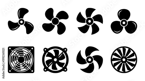 Industrial fan propeller icons, set of 8 black vector silhouettes, mechanical ventilation and cooling system blades for engineering and HVAC design