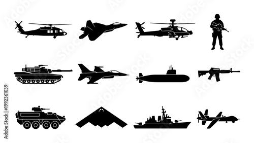 Military vehicle silhouettes set, 12 army icons including tanks and fighter jets, black war equipment vector graphics for tactical design