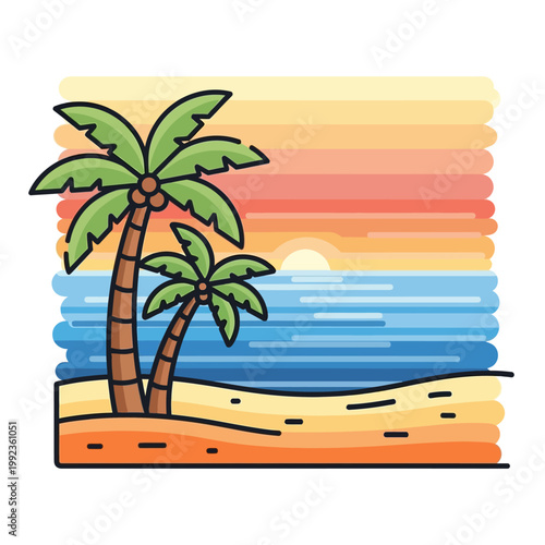 A colorful cartoon illustration of a tropical beach at sunset with palm trees.
