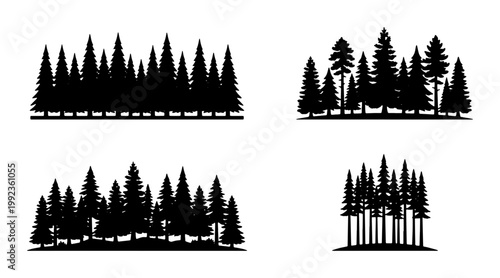 Pine forest silhouette vector set, black evergreen tree landscape icons, coniferous woodland timber graphics, minimalist nature wilderness elements