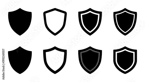 Shield icon set with 8 black vector silhouettes, security and protection symbols for web design, minimalist heraldic crest shapes for branding