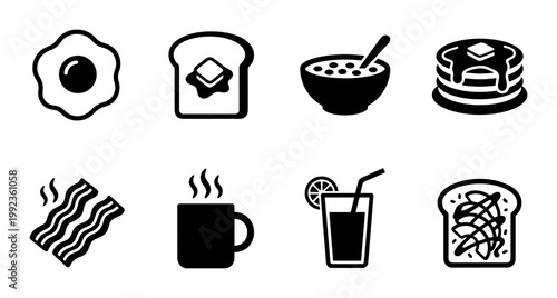 Breakfast food icon set with 8 black vector symbols, morning meal elements including fried egg and coffee, minimalist restaurant menu graphics