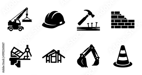 Construction industry icon set with 8 black vector symbols, building site equipment and machinery icons, industrial work tools and safety gear graphics