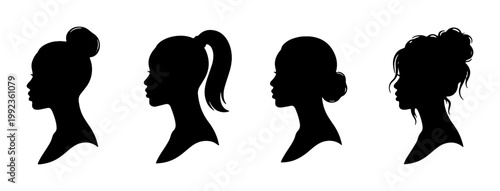 Schilderij op canvas Minimalist woman profile silhouette set, female head side view with various hair