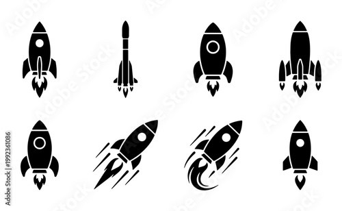 Minimalist rocket ship icons set, black silhouette spacecraft vector collection, 8 space shuttle launch symbols for business startup and technology