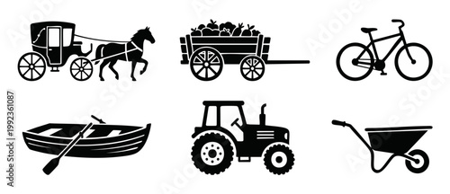 Transportation Icons Set Vector Illustration, Carriage, Farm Cart, Bicycle, Boat, Tractor, and Wheelbarrow silhouettes for logistics, farming, and travel design, isolated on white background collectio