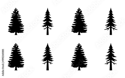 Pine tree silhouette collection, set of 8 evergreen conifer vector icons, black forest fir and spruce shapes isolated on white background