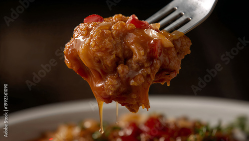Close-up of a fork lifting a gooey portion of cheesy, saucy food with melted cheese dripping, comfort food, hot food, red sauce, main course, eating out, dark background, food porn