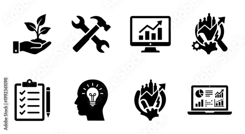 Business management icons set, 8 black solid vector symbols for corporate strategy, financial data analysis and growth marketing graphics