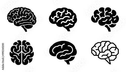 Human brain icon set, black silhouette brain symbols for neurology and psychology, 6 vector brain illustrations for medical and science design