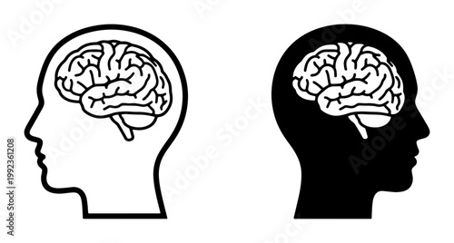 Human brain icon set with head profile silhouettes, mental health and psychology vector illustrations, neurology and intelligence symbols for medical design
