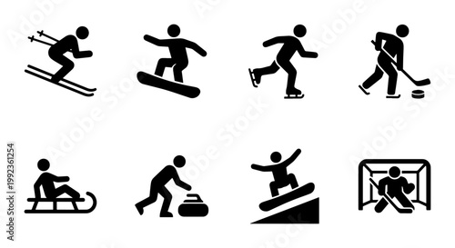 Winter sports icon set, black silhouette pictograms of skiing snowboarding and ice hockey, 8 vector elements for mountain resort signage