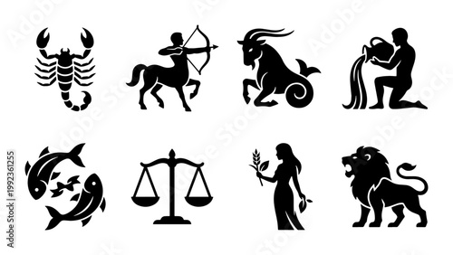 Zodiac signs black silhouette icons set, astrology horoscope symbols collection, mystical celestial vector illustrations for fortune telling and tarot
