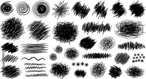 Diverse collection of black hand drawn scribbles circles and abstract line patterns isolated on white background