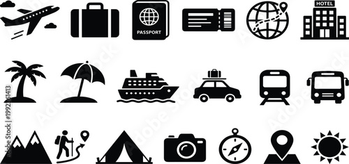 Travel and vacation icon set featuring airplane suitcase passport ticket globe hotel palm tree cruise ship car train bus mountain hiking tent camera compass map pointer sun vector illustration