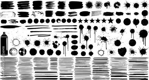 Set of black ink grunge brush strokes and paint splatters for distressed texture and street art graphic design