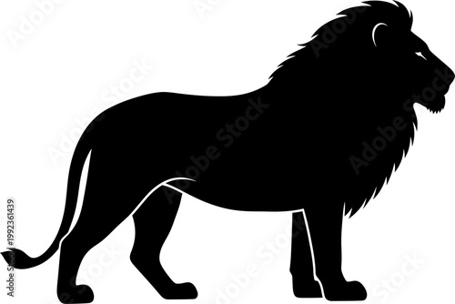 Majestic lion standing silhouette isolated on white background for wildlife branding and graphic design projects