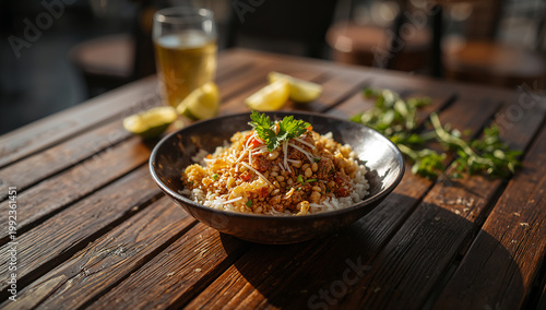 Bowl of rice with crispy toppings, lime, and herbs on wooden table, fried onion, fried garlic, side dish, food photography, no people, asian food, southeast asian, crispy texture, brown rice