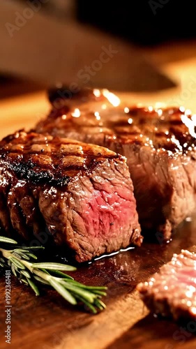 Juicy grilled steak medium rare with herbs and spices in close up view. Concept of food, meat, cooking, barbecue, restaurant, gourmet.