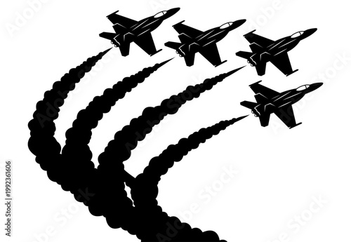 Formation of military fighter jets silhouette with smoke trails on white background