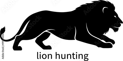 Dynamic silhouette of lion hunting in low crouch position isolated on white background for sports logo branding