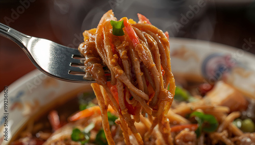Fork lifting steaming noodles with vegetables and sauce with stir fry with asian cuisine with asian food with chinese food with japanese food with korean food with street food with fast food