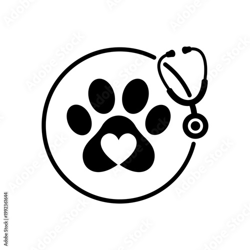 Veterinary Care Logo with Paw Print Heart and Stethoscope Vector Pet Health Clinic Icon with Animal Paw and Medical Stethoscope Animal Hospital Symbol with Heart Paw Print and Vet Equipment