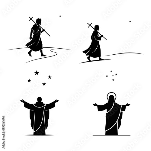 Saint John blessing and pilgrimage silhouette set