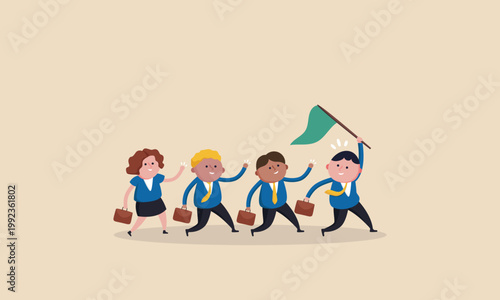 Diverse business team marching forward with a flag  symbolizing progress and unity