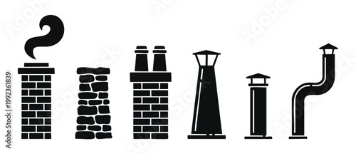 Chimney Stack Icon Set Vector Design, Building Roof Ventilation Flue Elements Collection, Industrial Factory Smoke Pipes and Residential Brick Outlets for Construction Architecture Graphic Illustratio