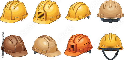 Construction worker safety hard hat helmet cartoon set in yellow, orange, brown, and beige colors with different designs on white background