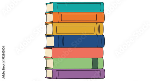 A stack of colorful books, rendered as a flat vector illustration, showcases a simple icon design in celebration of reading and publishing, against a clean white background