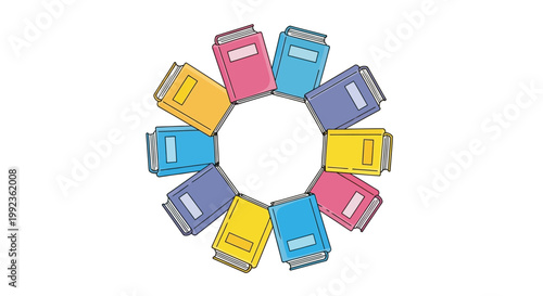 A colorful circle of illustrated books, designed as icons, conveys a vibrant feeling of the joy of reading for World Book Day, presented as flat vector art against a clean white background