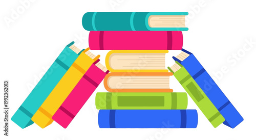 Colorful book illustration featuring a stack of various books, designed as a flat vector icon against a clean white background, conveying a cheerful mood for promoting reading and World