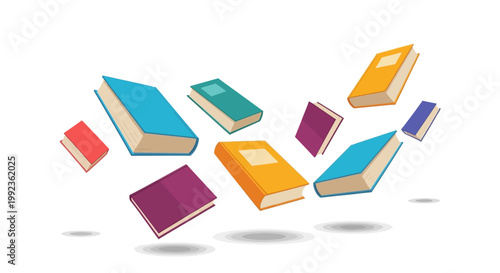 A vibrant illustration celebrating World Book Day featuring a collection of colorful books floating against a clean white backdrop, designed with a playful and inviting visual style