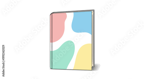 A colorful book illustration, presented as a simple vector design, features pastel abstract shapes on the cover, set against a clean white background for World Book Day and other publishing