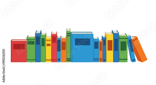 Colorful book illustration featuring a row of various books in different sizes and colors, presented in a flat vector style against a clean white background, ideal for a world book
