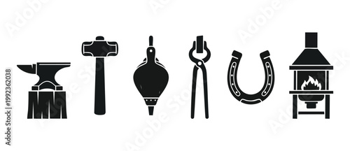 Blacksmith Tools Silhouette Icon Set, Anvil Hammer Bellows Tongs Horseshoe Furnace for Metalwork Design, Flat Vector Illustration of Traditional Forge Equipment Collection for Industrial Craftsmanship