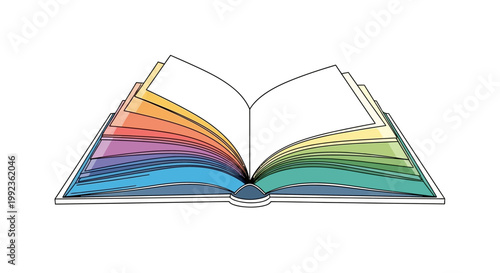 An open book vector illustration on a white background celebrates the joy of reading, its pages displaying a spectrum of rainbow colors with a clean, minimalist design for World Book Day