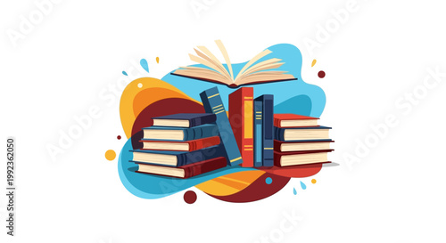 A vibrant World Book Day vector illustration featuring stacked books and an open book, designed in a modern, minimalist style with bright, cheerful colors against a clean white background