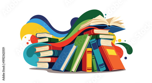 A vibrant vector illustration depicts a colorful stack of books with flowing ribbons, celebrating the joy of reading and publishing, set against a clean white background for World Book Day