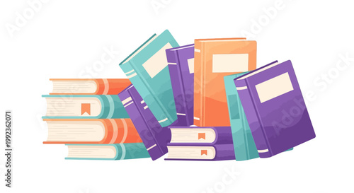 Vibrant book illustration featuring a colorful stack of hardback books with bookmarks, designed in a flat vector style to celebrate a reading event, set against a clean white background