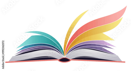 A vibrant vector illustration of an open book with colorful pages gracefully spreading upwards, symbolizing the joy of reading on World Book Day, set against a clean white background