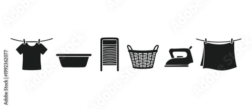 Laundry icons set with clothing and household cleaning equipment for washing and ironing clothes, simple black vector symbols on a white background for domestic chores and home maintenance infographic