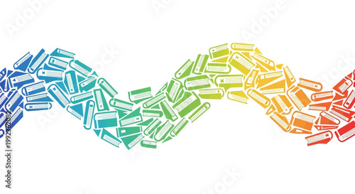 A colorful vector illustration depicts a wave-shaped collection of book icons, symbolizing design and publishing, set against a clean white background with a vibrant and educational theme