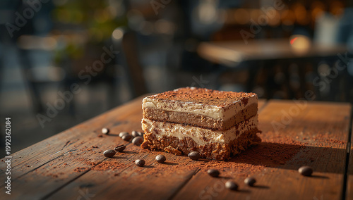 Decadent tiramisu cake slice with coffee beans on rustic wooden table with italian dessert with cocoa powder with food photography with comfort food with dessert bar with food styling with sweet treat