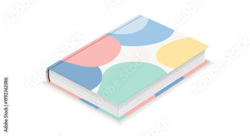 Isometric illustration of a closed hardcover book displaying a colorful abstract pattern, presented against a clean white backdrop with a soft, pastel color palette and a playful, artistic